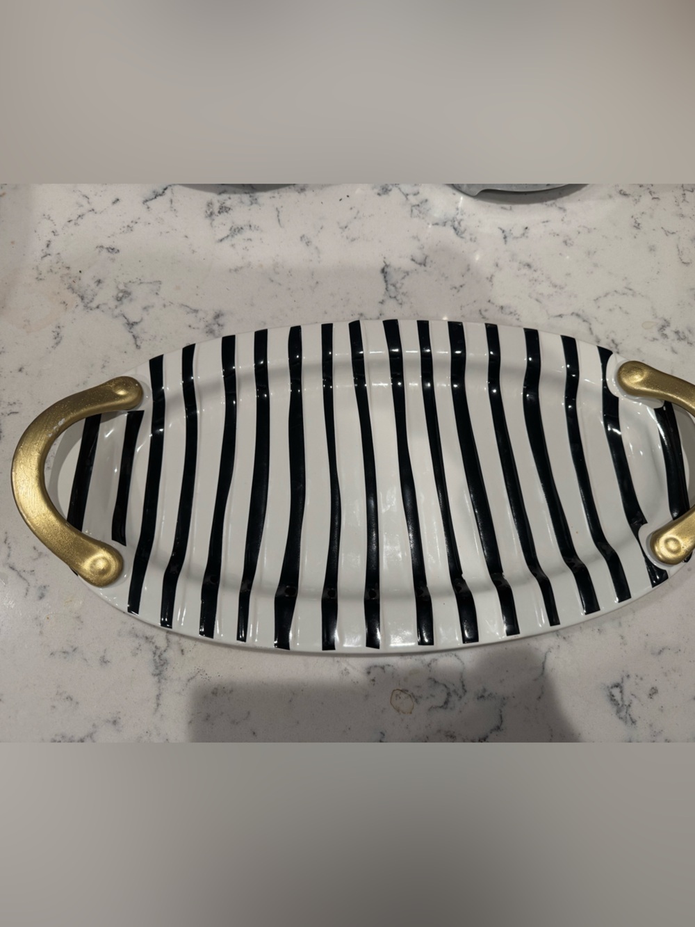 Black & White Striped Ceramic Serving Platter with Gold Handles
